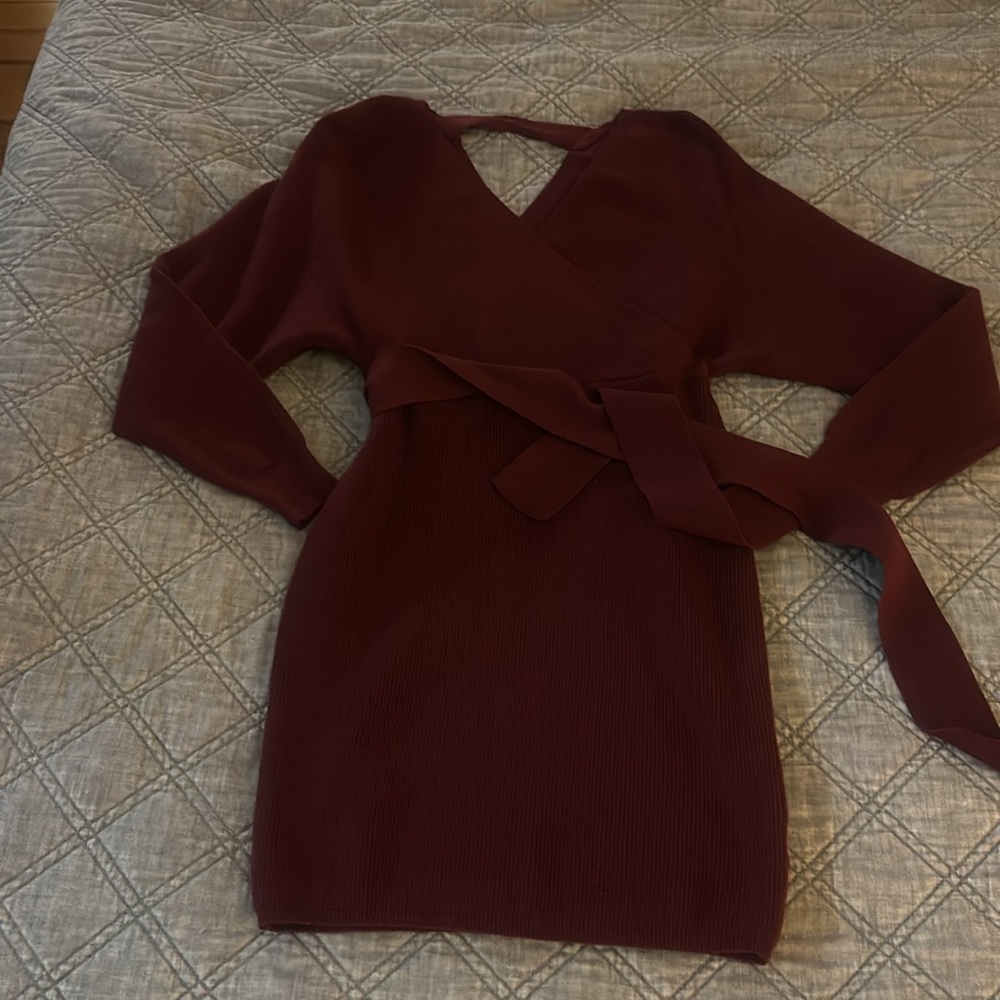 Elegant Burgundy Wrap Sweater Dress - Picture 2 of 7